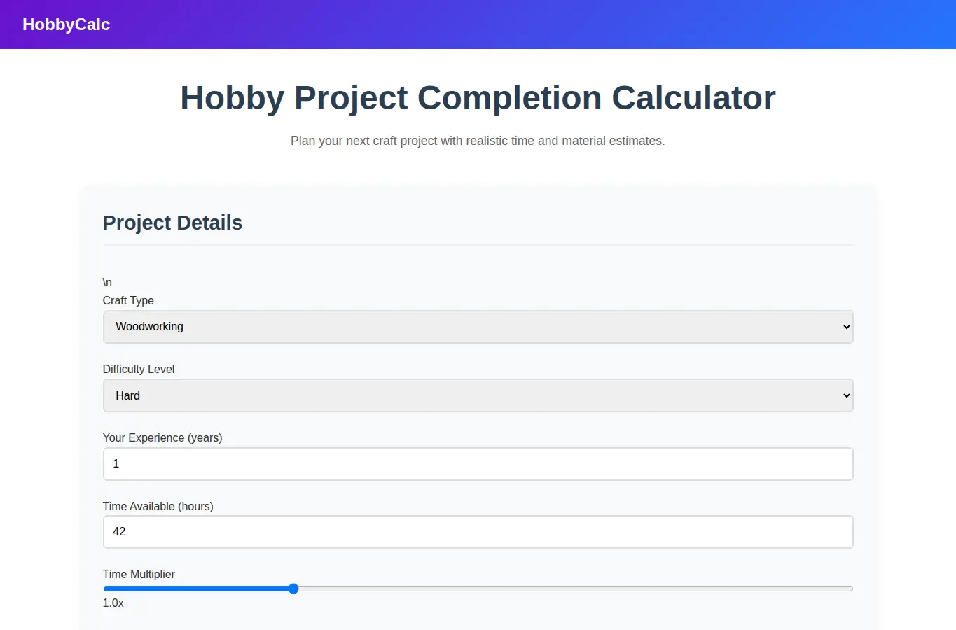 Screenshot of Hobby Project Completion Calculator interface showing the project page in use